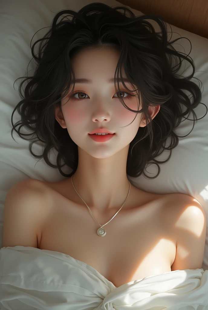 A young and cute Japanese woman lies in bed　What a lovely smile　Partly nude　The image size is good at 468 × 60 for the blog banner.
