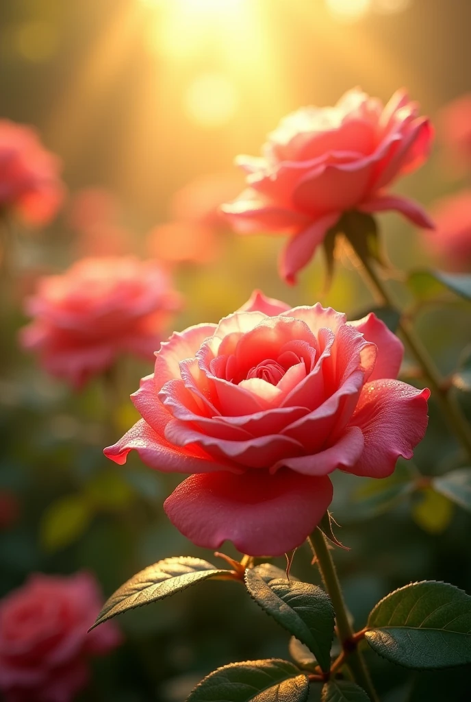 Many rose flowers in the garden and sunlight with bokeh, dew drops on flower petals (masterpiece, ultra quality, high resolution, 8k, intricate: 1.2), (masterpiece), (best quality:1)