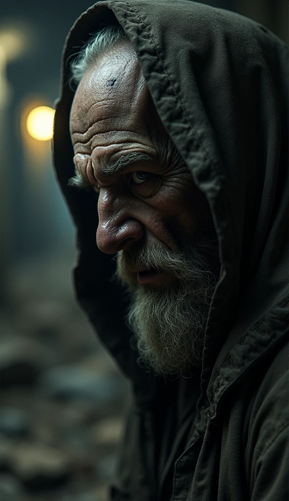A close-up of the Phantom Miner’s face, filled with a mix of desperation and menace. Behind him, the mine’s tunnels seem to stretch on forever, filled with shadows and the faint glimmer of something golden just out of reach