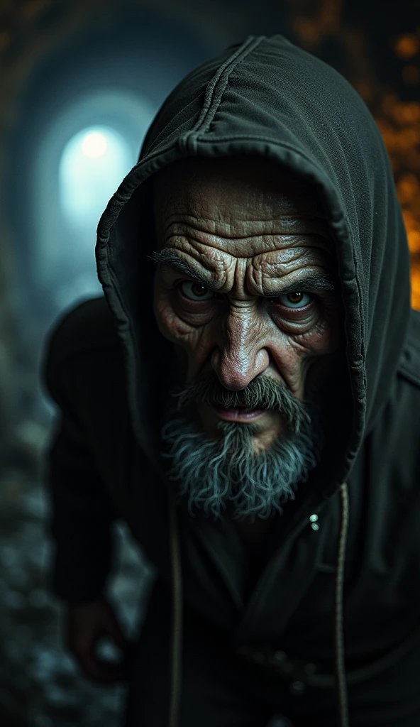 A close-up of the Phantom Miner’s face, filled with a mix of desperation and menace. Behind him, the mine’s tunnels seem to stretch on forever, filled with shadows and the faint glimmer of something golden just out of reach