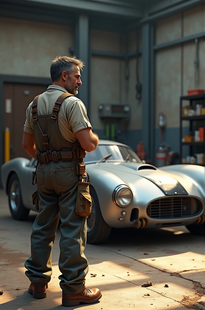 a worker looking at some car he created, and then post it next to it, he turning his back to the car