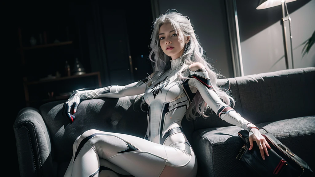 (Extreme Detail CG Unity 8K wallpaper, masterpiece, highest quality), (Exquisite lighting and shadow, highly dramatic picture, Cinematic lens effect), a girl in a white Spider-Man costume, silver gray hair color, from the Spider-Man parallel universe, Wenger, Marvel, Spider-Man, sitting on the couch, dynamic pose), (excellent detail, excellent lighting, wide angle), (excellent rendering, enough to stand out in its class), focus on white Spider-Man costumes, complex spider textures