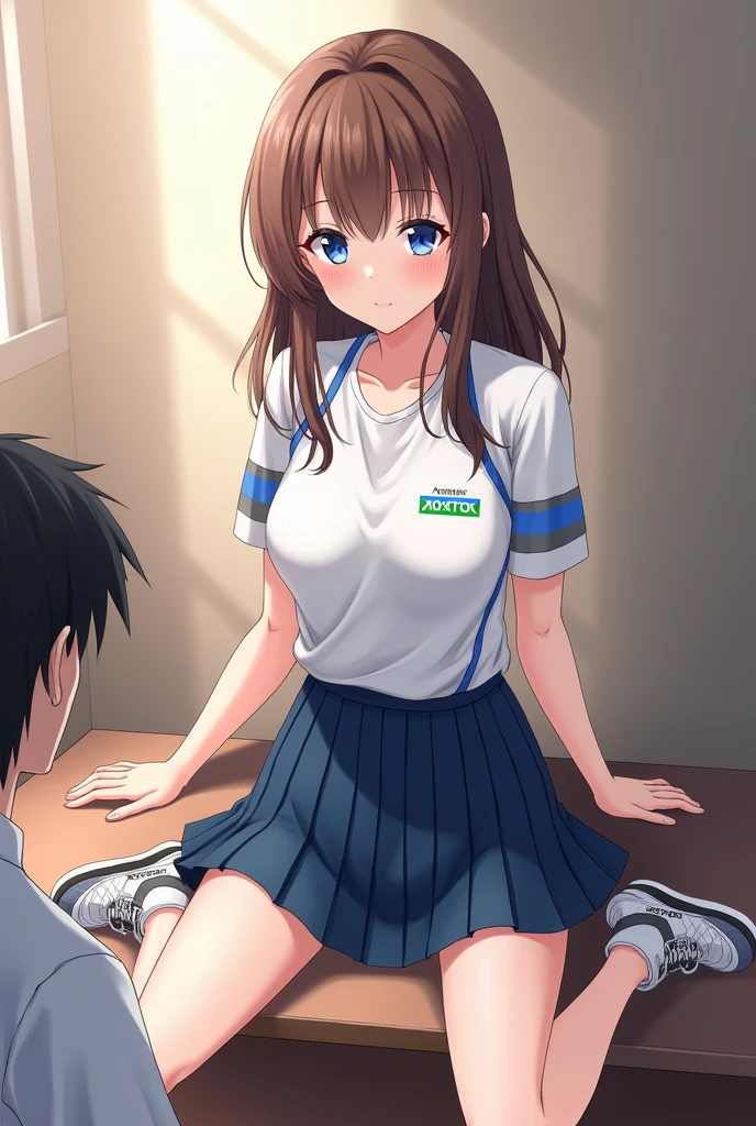 ((Itsumi Erika, a Russia girl,she is also rare with her blue eyes and its as beautiful as Gojo Satorou eyes.Itsumi Erika also has a very beautiful brown hair.She is 173cm.She is the hottest girl in the school.Itsumi Erika is a perfect girl.She is a new student. She is a rich girl but likes to wear simple clothes.like a badminton Yonex skirt, her Victor T Shirt that has her name on it. And her Yonex 65Z3 shoes. Sitting while spreading her legs. Not using her hand to cover. A guy touching her))