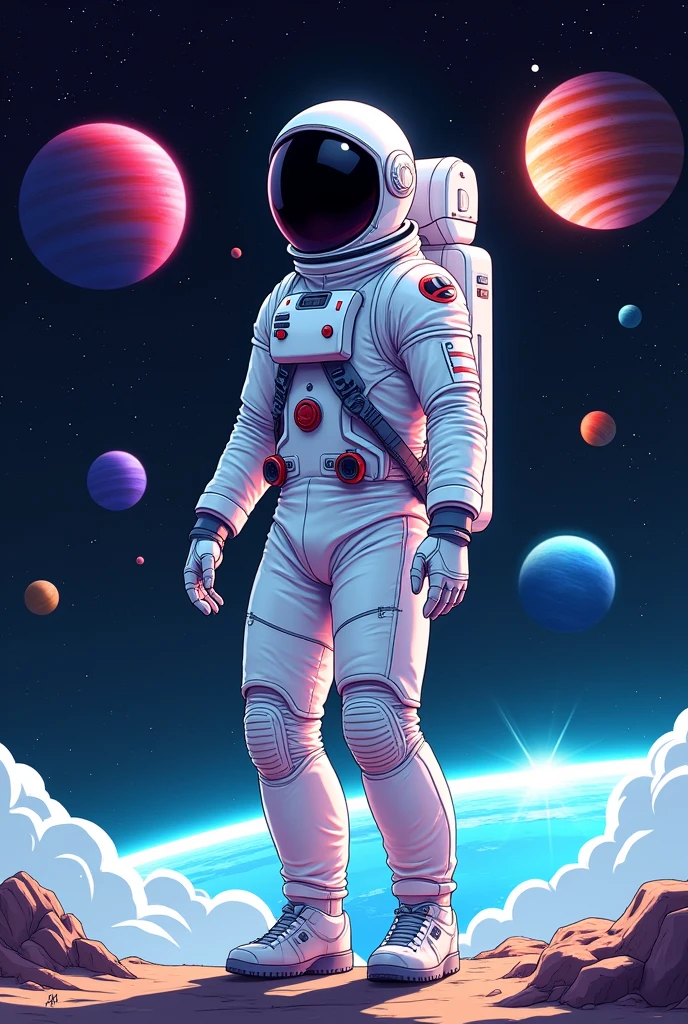Main Image:
Space Explorer: Illustration of an astronaut in a sleek, modern spacesuit with a futuristic helmet
• Universe: Background featuring a dark sky filled with colorful planets and stars
• Primary Colors:
• Background: Black, deep blue
• Astronaut: White and silver for the spacesuit
• Stars: Bright colors such as purple, blue, green
Text (Optional):
Slogan: "Explore the Unknown"
• Font: Clean and modern fonts like "Futura" or "Montserrat"