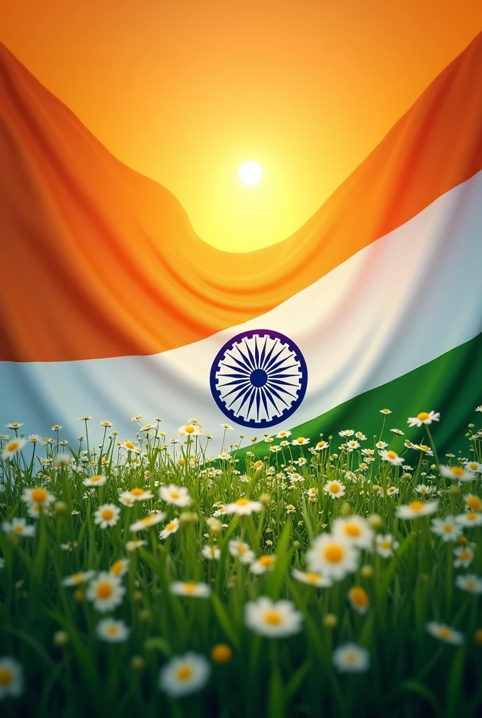 India's flag goes to the background, the bottom will be green gas, the honey part will be white flowers and the top part will be orange and the quality of the whole picture is high. Adventure type, clear detailing High regulasation