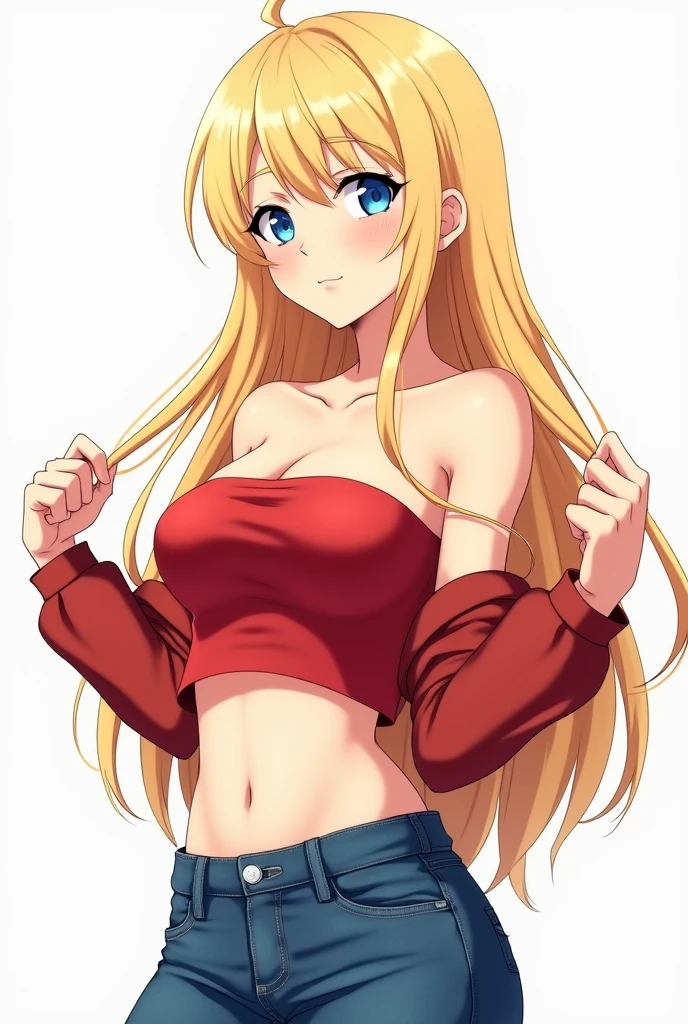 anime girl wearing a red tube top and jeans, long blonde hair, neutral face, fixing hair, exposed armpits.
