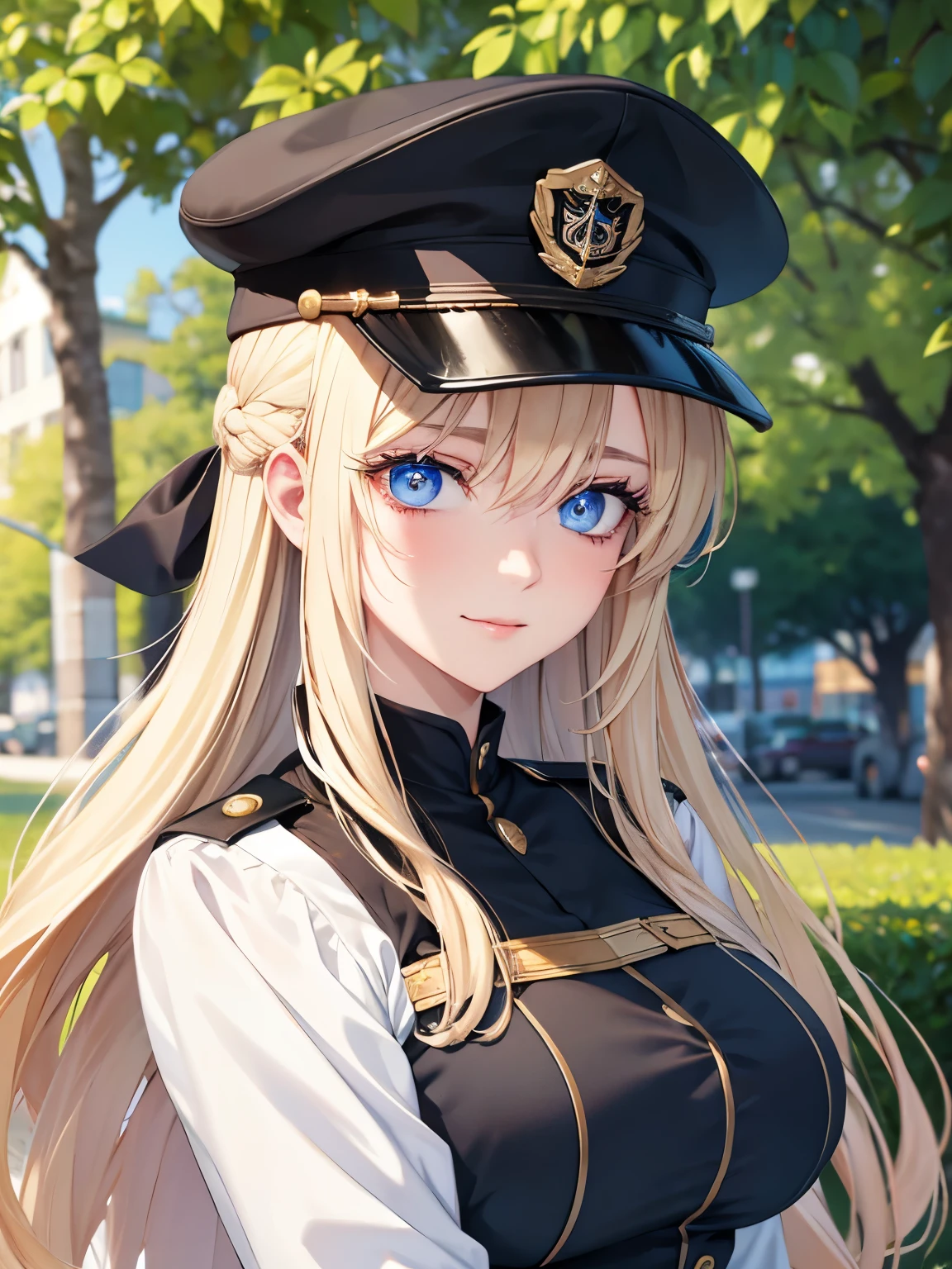 1woman,walking,blue eyes,Beautiful makeup,slight smile, long eyelashes,early in the morning,stunning,half body photo, very detailed face,cute,,HD face, perfect face,Black army uniform, black army hat,,very big breasts,Blonde hair,blonde hair,blonde,bangs,long hair, straight hair,ultra detail,ultra Hd, masterpiece,4k