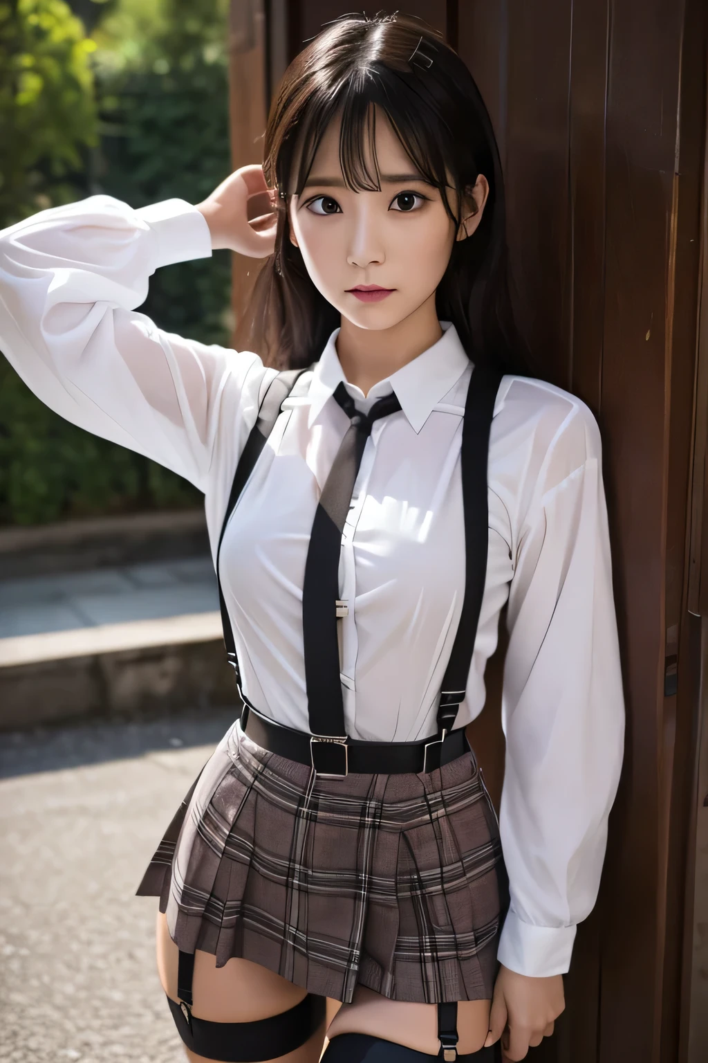 1 female, , high quality, masterpiece, Ultra-high resolution, Cinema Lighting, 1 female, , high quality, masterpiece, Ultra-high resolution, , Cinema Lighting, suspenders Moderate breasts Small face Looking up Sweat Thin belt buzzer 脇Sweat garter belt Belt on pants holster Hands behind your back Looking up Anxious face Knee-high Knee socks Knee-highソックス garter ふとももにgarter belt Checkered mini skirt Panty shot Skirt gap Armament holster holster Hands behind your back Anxious expression Anxious face, legs apart Armament Leg Holster holster See-through clothing heavy rain Rain-soaked dress shirt,Moderate breasts ガーターbelt suspenders Garter on the thigh Checkered mini skirt Looking up Pause belt Armpit sweat Hands behind back Raise your hands