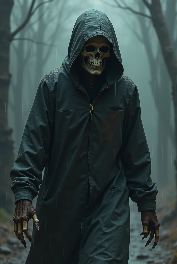 Fantasy skeleton in a raincoat with a hood on, dark brown gloves on his hands