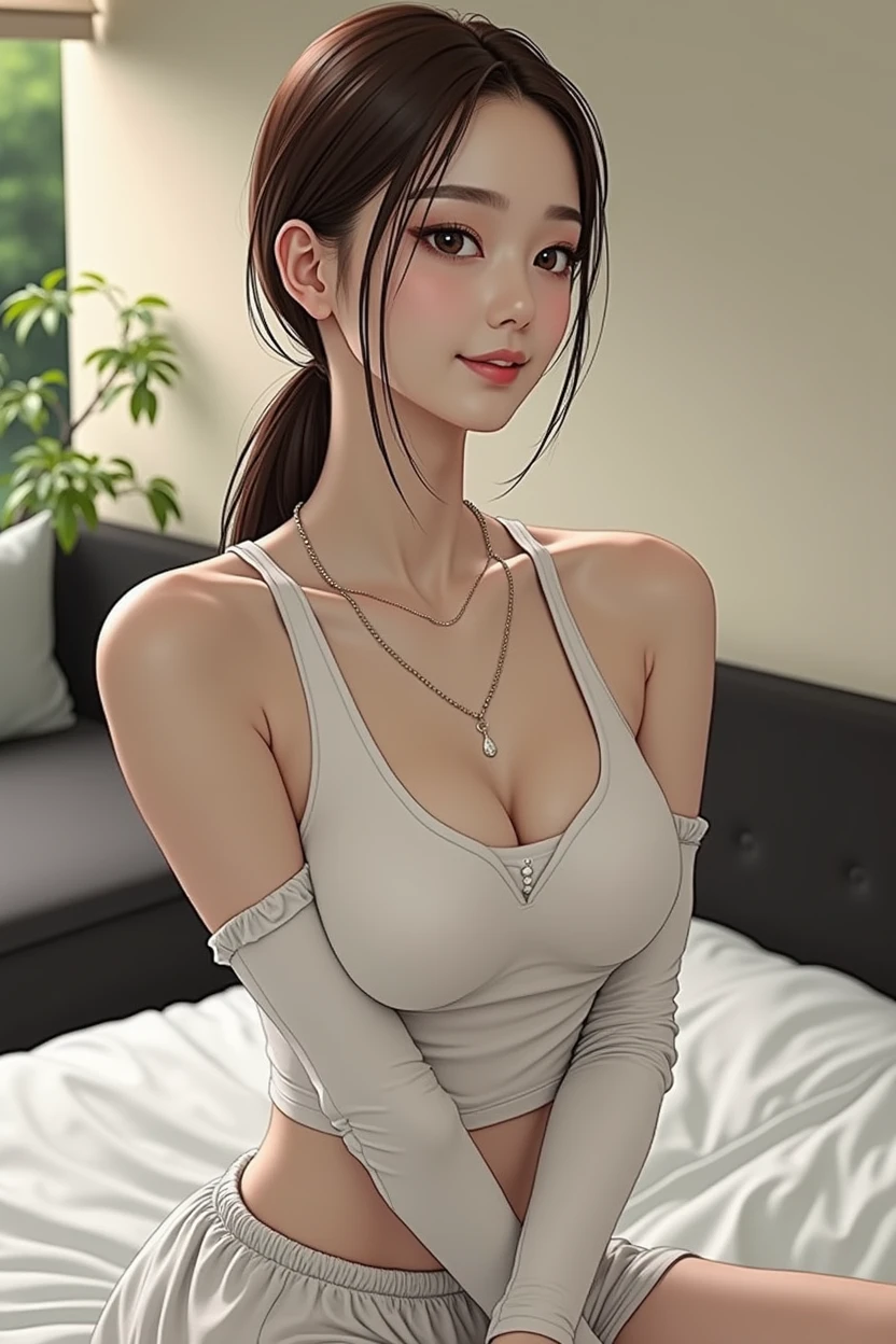 Masterpiece、8k、Very realistic、Japanese、One person、woman、Skinny athletic model body、Flat Chest、tall、whole body、38 years old、(Hairstyle:ponytail(1.6))、In the park、The best smile、clothing:Wearing jogging wear、