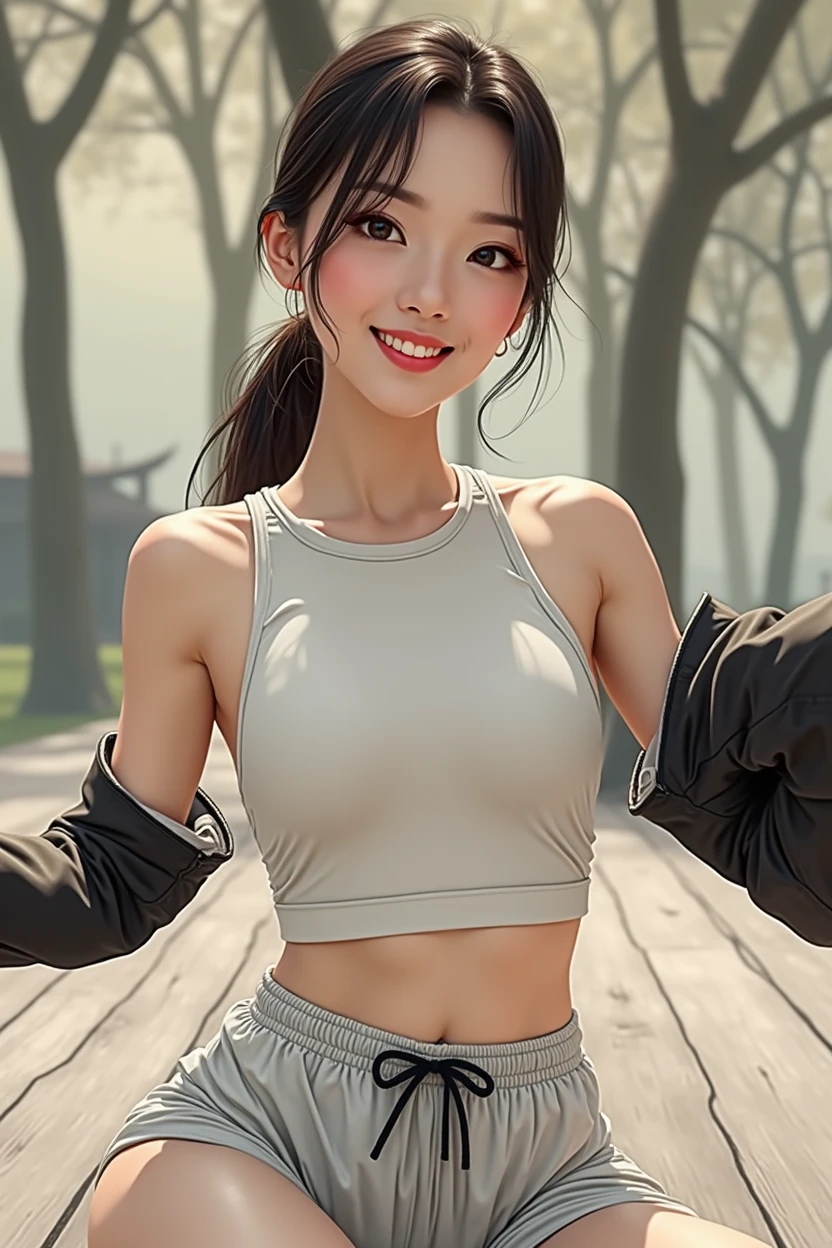 Masterpiece、8k、Very realistic、Japanese、One person、woman、Skinny athletic model body、Flat Chest、tall、whole body、38 years old、(Hairstyle:ponytail(1.6))、In the park、The best smile、clothing:Wearing jogging wear、