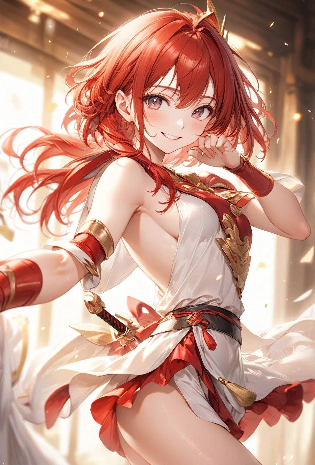 (Highest quality, 8k, 32K, masterpiece, Ultra-high resolution,:1.2),born, One person,Super cute , Natural light,Clear, shining eyes, 20-year-old ,Fair skin, of red hair, Woman warrior, Sexy pose, An innocent smile, Men's Room,indoor,Fantasy Background, short hair, Large Breasts, adult,,Nipples are visible,I am exercising.,stretch,fight