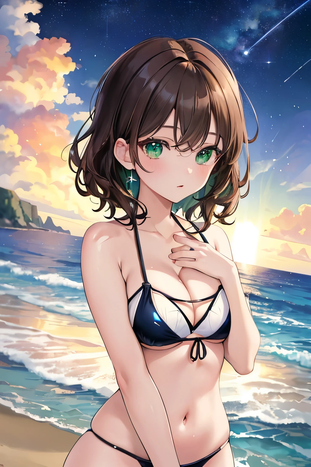 ((masterpiece, Highest quality, High resolution, 超High resolution, Pixel perfect, Written boundary depth, 4K, RTTX 10.0, High resolution))), 1 person, single, alone, Beautiful Anime, Beautiful art style, Anime characters, ((Shortcuts, bangs, Dark brown hair)), ((Green Eyes:1.4, Round eyes, Beautiful eyelashes, current eyes)), ((Smooth texture:0.75, Anime CG style)), ((Dynamic Angle, close)), Perfect body, (cute), Normal chest, whole body, ((4K, 8k, Highest quality, Perfect Fingers: 1.3, Perfect Anatomy: 1.3, Background Blur)), whole bodyアングル, 1 female, Curly Hair, Glowing Skin, Micro Bikini, break, Ocean, Beach, Water Drop, bubble, night, Starry Sky, shooting star, milky way
