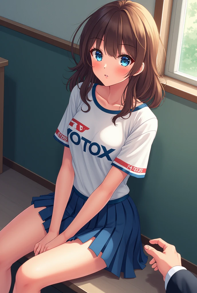 ((Itsumi Erika, a Russia girl,she is also rare with her blue eyes and its as beautiful as Gojo Satorou eyes.Itsumi Erika also has a very beautiful brown hair.She is 173cm.She is the hottest girl in the school.Itsumi Erika is a perfect girl.She is a new student. She is a rich girl but likes to wear simple clothes.like a badminton Yonex skirt, her Victor T Shirt that has her name on it. And her Yonex 65Z3 shoes. Sitting while spreading her legs. Not using her hand to cover. A guy touching her skin))
