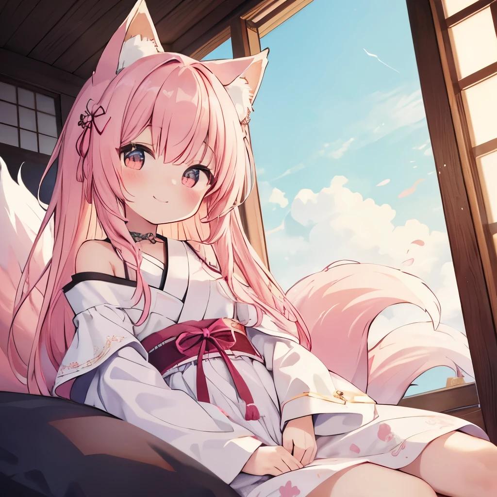 Highest quality, masterpiece, detailed, ( One person),small,cute,blush,smile,Off-the-shoulder dress,White Dress, Pink Hair,Long Hair,Cat ear,(Fox tail),Sit on the futon,From below,Cowboy Shot, Japanese-style room, darkness