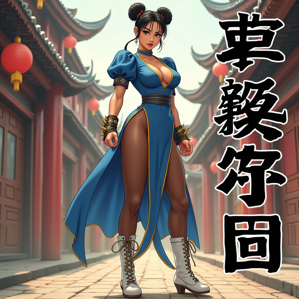 A movie poster depicting a female fighter (Chun-Li) wearing blue dress, brown pantyhose, pelvic curtain china dress, white cross-laced boots, bracelet, gold trim, jewelry, puffy sleeves, sash, short sleeves, side slit, spiked bracelet, spikes, double bun, hair accessories, cleavage, voluptuous curvy thick body, pale skin. backround, in a folkloric chinese street, style by Urushihara Satoshi, view from below, (with the words "Street Fighter" written in large letters) on the right side, 