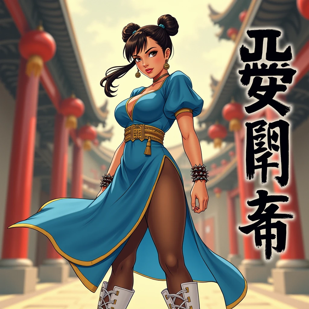 A movie poster depicting a female fighter (Chun-Li) wearing blue dress, brown pantyhose, pelvic curtain china dress, white cross-laced boots, bracelet, gold trim, jewelry, puffy sleeves, sash, short sleeves, side slit, spiked bracelet, spikes, double bun, hair accessories, cleavage, voluptuous curvy thick body, pale skin. backround, in a folkloric chinese street, style by Urushihara Satoshi, view from below, (with the words "Street Fighter" written in large letters) on the right side, 