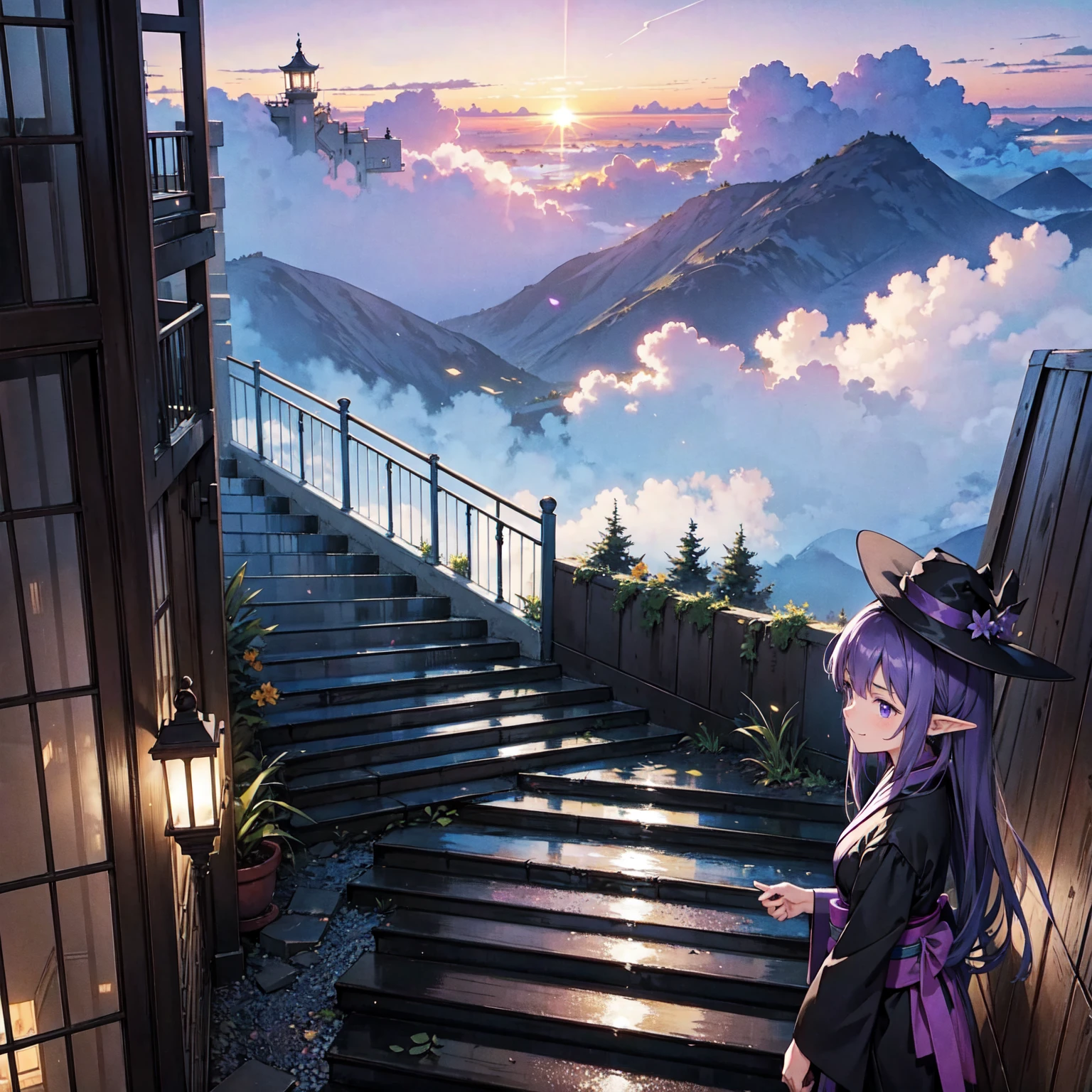 A girl with long violet-purple hair. A kind, full smile. Pointy elf ears. Her clothes are simple: a black robe with wide sleeves and a black miniskirt. Her knees are showing. There is a V-shaped white insert in the front, like a kimono. A witch's hat with purple ribbons on each side. Black boots. Background, bright painting, Makoto Shinkai, only endless stairs, long floating stairs, floating stairs in the air, stairs above clouds, illustration, nostalgic, vivid, above clouds, bright, fresh, sunset. A maze of connected stairs. A labyrinth of stairs. Not touching land. A simple iron staircase. Decaying old staircase. The type of staircase you would find in an apartment or condominium.