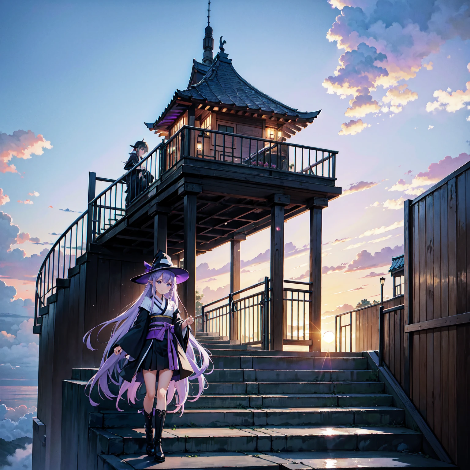 A girl with long violet-purple hair. A kind, full smile. Pointy elf ears. Her clothes are simple: a black robe with wide sleeves and a black miniskirt. Her knees are showing. There is a V-shaped white insert in the front, like a kimono. A witch's hat with purple ribbons on each side. Black boots. Background, bright painting, Makoto Shinkai, only endless stairs, long floating stairs, floating stairs in the air, stairs above clouds, illustration, nostalgic, vivid, above clouds, bright, fresh, sunset. A maze of connected stairs. A labyrinth of stairs. Not touching land. A simple iron staircase. Decaying old staircase. The type of staircase you would find in an apartment or condominium.