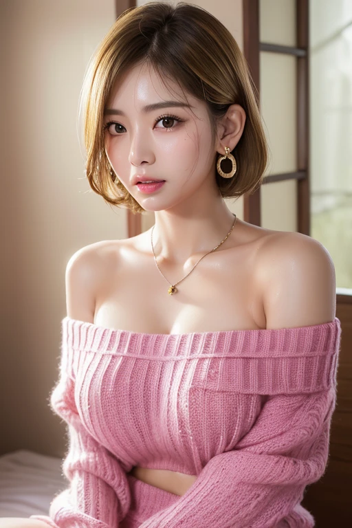 masterpiece, 8k, Award-winning photo, photoRealistic, Realistic, Very detailed, Ultra-high resolution, Japanese Idols Girls, Woman,short hair,(Bright rouge lips) , ///One person, The most beautiful, 28 years old , (sexy, anese Idols), (blonde:1.3),///Human details Shiny skin , Detailed skin , Beautifully detailed face , Beautiful details , /// (double eyelid, Droopy eyes), (Brightly colored large breasts:1rred Background, /// jewelry,Earrings,necklace,(sexyな唇:1.5),(Swe body:1.5),Plump,((Off-the-shoulder knitwear)),
///Finished ultra-Realistic textures, RAW Photos,Shine,Skirt taken off bed