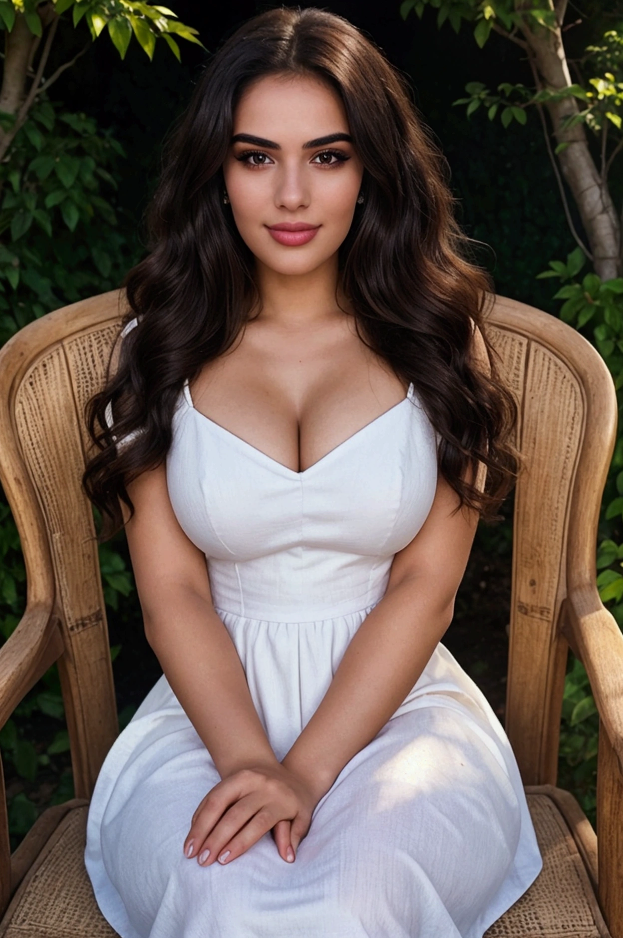 Beautiful girl with dark brown eyes, 26 years old, woman, long wavy hair , ((full body view)), in the garden flowers, in Swiss , siting in chair, she is wearing a whit small dress, plus size body, prominent cheekbones, high resolution, masterpiece, best quality, complex details, highly detailed, sharpness, detailed skin texture, eye details, profession, 4k resolution, charming smile, shot with Conon, depth of field, kodak vision color, extremely detailed, ultra-realistic photography ,photo realistic, post processing, maximum detail, true to life, Instagram model