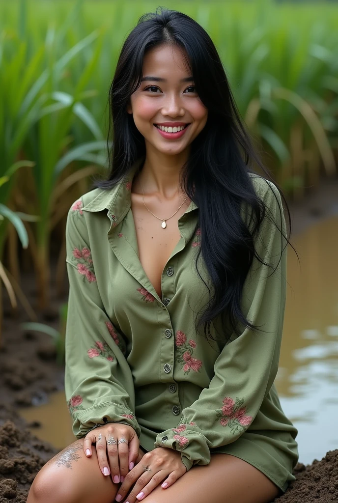 RAW, Best quality, high resolution, Masterpiece: 1.3), Beautiful Malay woman in hijab, Masterpiece, Perfect slim body, Beautiful big eyes, perfect make up, Watery eyes, perfect nose, Soft smile, Wet lips, Big breasts, ((Wearing a thin light green Malay shirt that tight floral patterned, batik, covered hijab)),sitting position on muddy rice paddy field, (( spilled mud on full body)),((mud on face)), muddy rice field, rice field background, ,(big boog breasts, , (cleavage),(characters play),looking to camera, smiling,( long black hair),(perfect fingers),(perfect blue eyes),masterpiece collection,seductive random pose,(full body closeup camera view),high resolution, highly detailed, NSFW, SFW, (up skirt:1.5), (showing pussy with pubic hair:1), wet face with semen, sexy seducing poses, view from above.