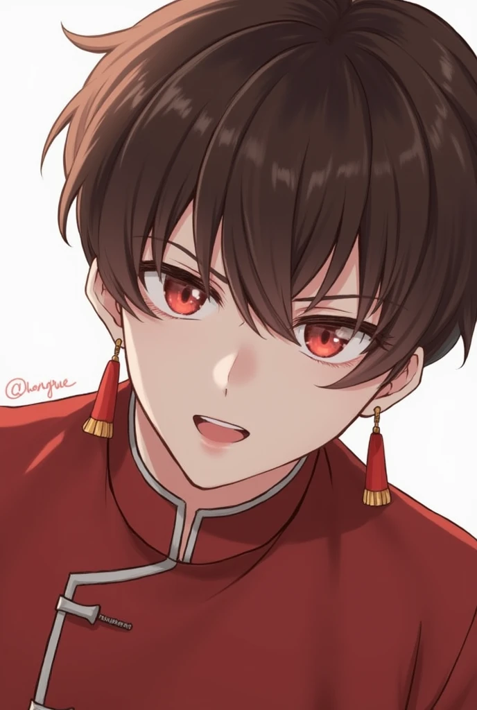 chongyue, 1 boy, Bangs, Brown_hair, Chinese_clothing, close up, closure_Mouth, Red earrings, Watching_exist_Viewer, male_Key Points,Red_Eye, Solitary