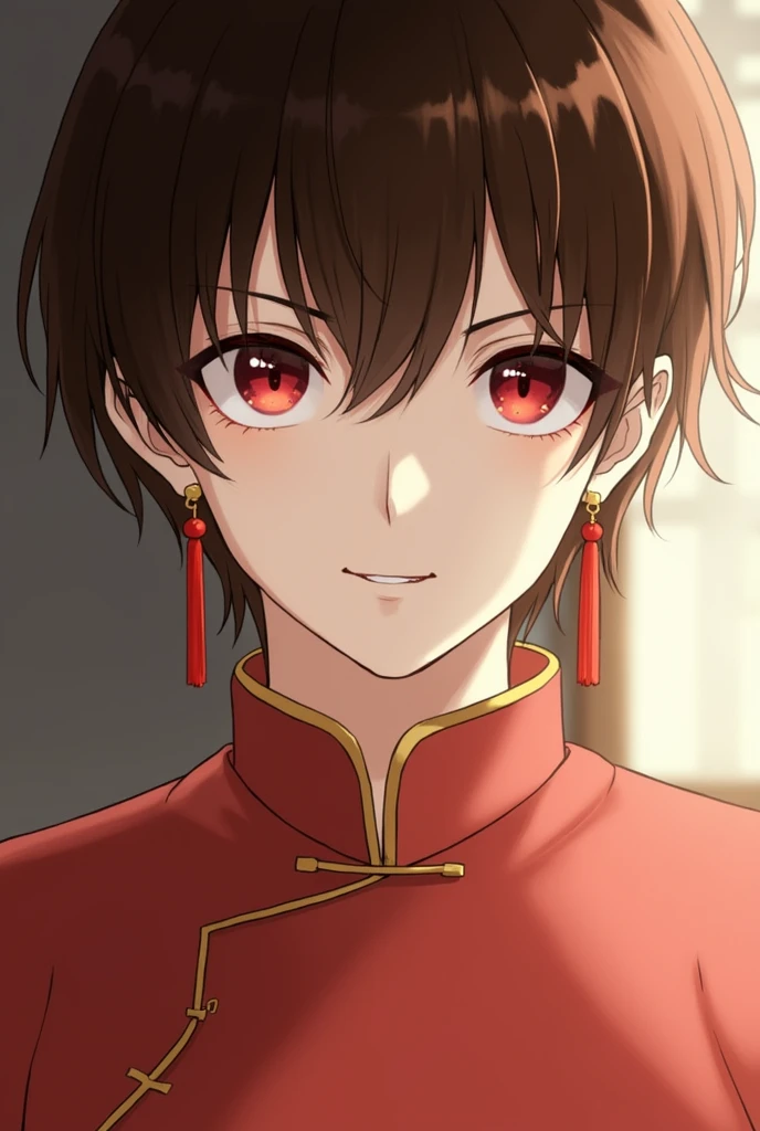 chongyue, 1 boy, Bangs, Brown_hair, Chinese_clothing, close up, closure_Mouth, Red earrings, Watching_exist_Viewer, male_Key Points,Red_Eye, Solitary 