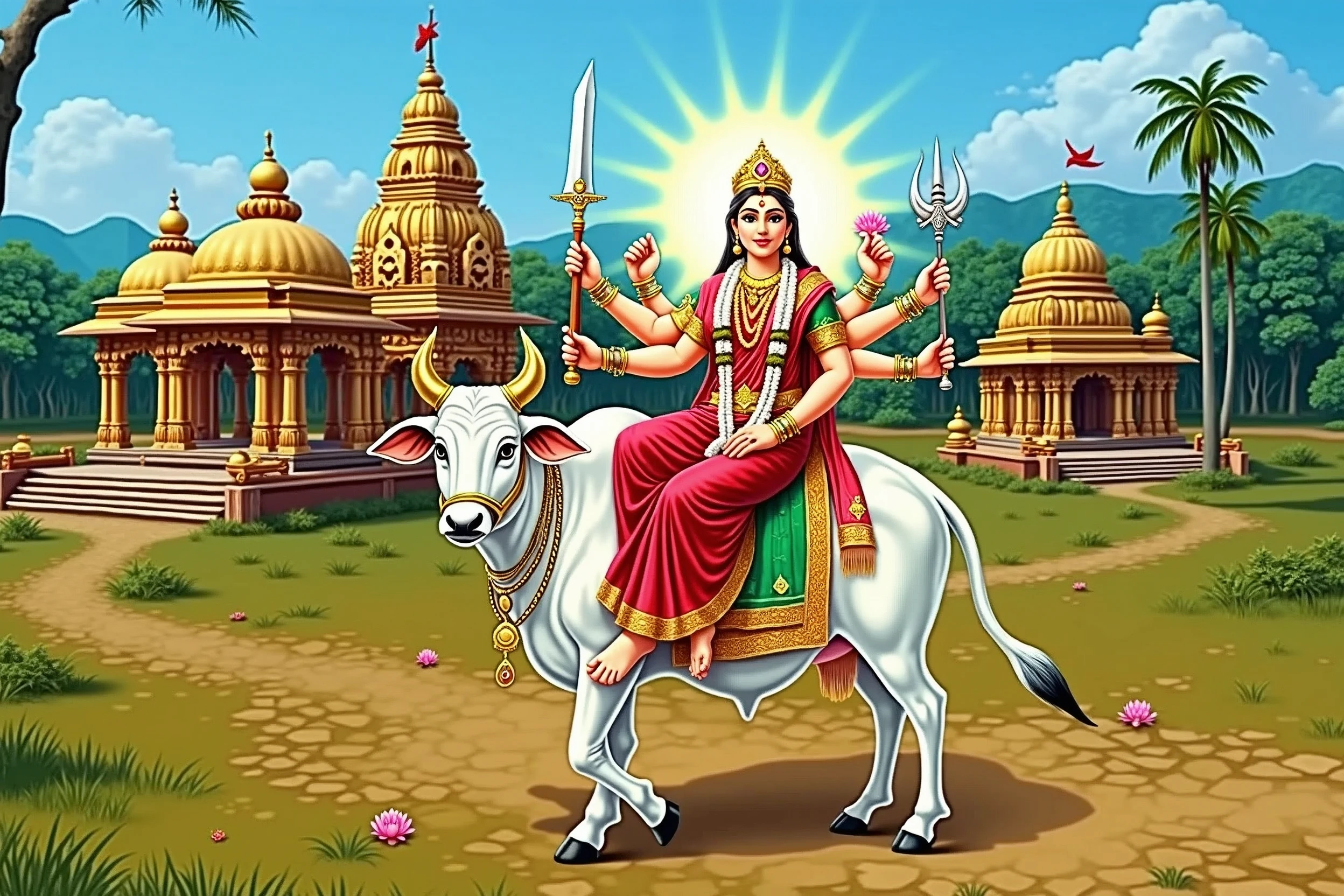 Create a hyper-realistic, photorealistic, and divinely glowing image of Goddess Umiya seated gracefully on her Vahana, a pure white cow. She should be depicted with a radiant aura surrounding her, symbolizing her divine presence. The Goddess should be adorned in a traditional, intricately designed red and gold sari with detailed jewelry, including bangles, a necklace, and a crown, reflecting her divinity. She holds a Trishul, sword, chakra, and lotus in her hands, symbolizing power, protection, and spirituality.
The background should feature a traditional rural Gujarati setting with temples, trees, and a calm, serene environment, highlighting the cultural essence. The temples should be adorned with intricate carvings and golden domes, surrounded by lush greenery. The sky should have a soft, glowing light that adds to the divine atmosphere, making the entire scene ethereal and spiritually uplifting. The attention to detail should include the texture of the cow's fur, the folds of the sari, and the intricate designs on the temples.
The overall composition should exude a sense of divine energy and peace, with every element meticulously crafted to enhance the realism and spiritual significance of the image