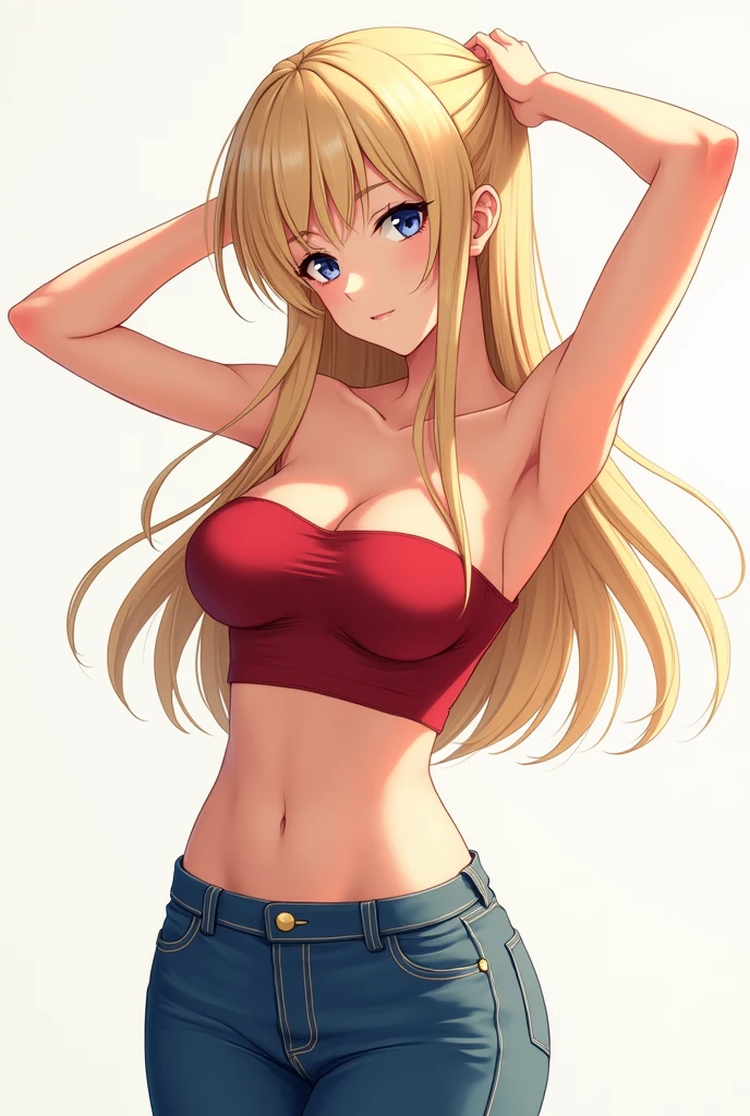 anime girl wearing a red tube top and jeans, long blonde hair, neutral face, raising arms to fix hair, exposed armpits.