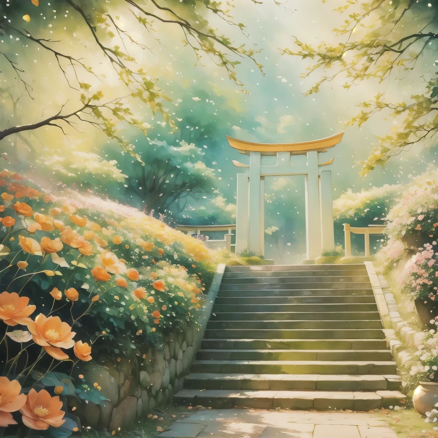 Torii,No humans,Cat,outdoor,stairs,plant,Grass,flower,Tree,watercolor