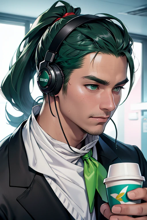 solo、Kiss the cup、White neckerchief around the neck、Man wearing headphones、Black suit、Green Haired Man、ponytail、