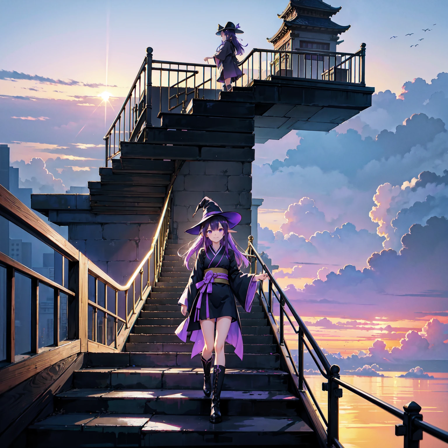A girl with long violet-purple hair. A kind, full smile. Pointy elf ears. Her clothes are simple: a black robe with wide sleeves and a black miniskirt. Her knees are showing. There is a V-shaped white insert in the front, like a kimono. A witch's hat with purple ribbons on each side. Black boots. Background, bright painting, Makoto Shinkai, only endless stairs, long floating stairs, floating stairs in the air, stairs above clouds, illustration, nostalgic, vivid, above clouds, bright, fresh, sunset. A maze of connected stairs. A labyrinth of stairs. Not touching land. A simple iron staircase. Decaying old staircase. The type of staircase you would find in an apartment or condominium. Simple staircase.