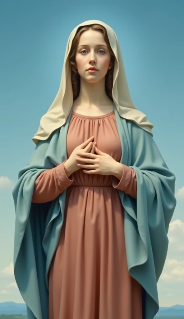 A beautiful frontal image of the Virgin Mary, 20 years old, gently looking down at us from the blue sky、whole body。Reddish beige tunic with light blue cloak and veil。