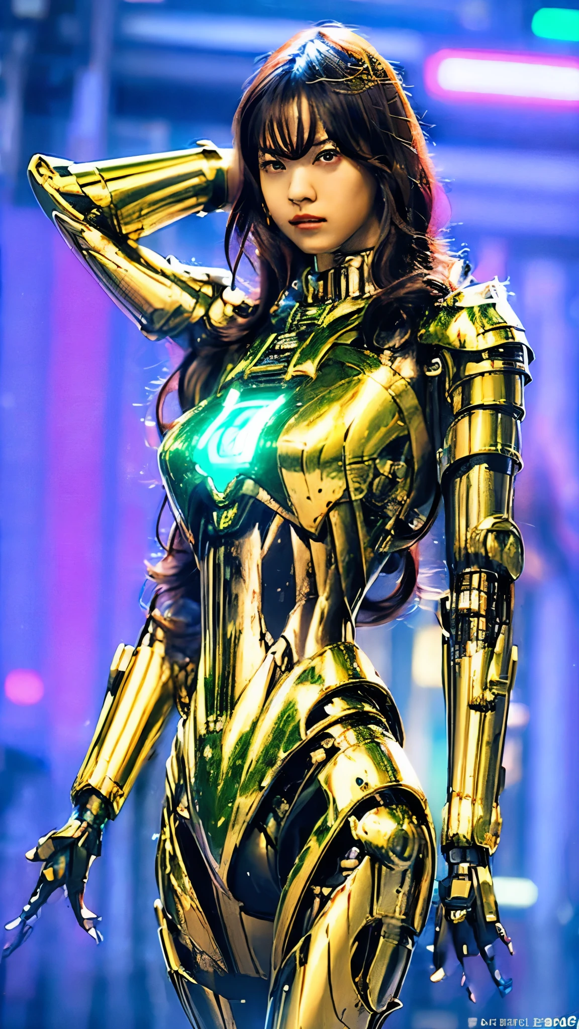 Highest quality, masterpiece, figure, (Realistic, photo-Realistic:1.37), wonderful, In detail, Incredibly absurd, Large file size, Very detailed, High resolution, Very detailed CG Unity 8k wallpaper, Very detailed目と顔, Ray Tracing, Browsing Caution, NUDE, One girl, Korean cyborg girl is innocent and young々Has a sly expression. She poses boldly with her arms raised above her head, Revealing her voluptuous figure. She is wearing a small black mecha armor top that barely covers her breasts., Exposing most of her flawless skin. Her shoulders and head have more armor detailing.、There are shining highlights, Tech Panels and Mechanisms. She is standing against a futuristic cityscape lit up with vibrant neon lights.、Standing full of energy。.