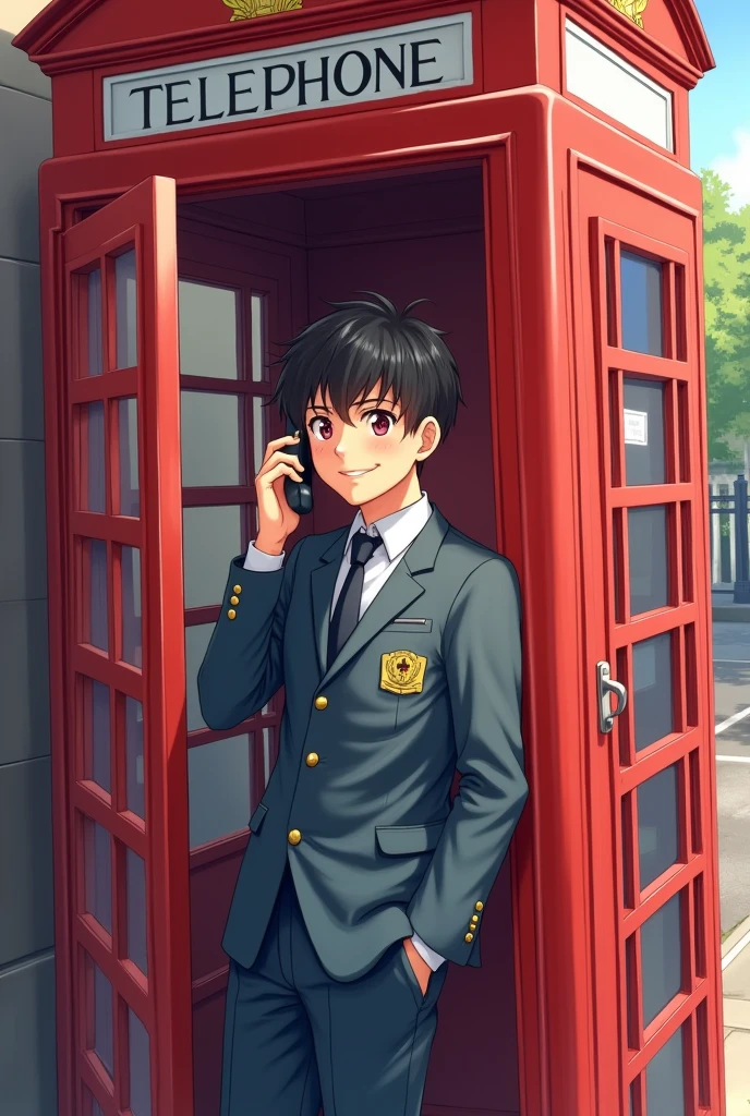 A male student in uniform leaning against a red telephone booth and making a phone call with a smile。
I would like to see an illustration of the student looking down from a slightly higher angle.。