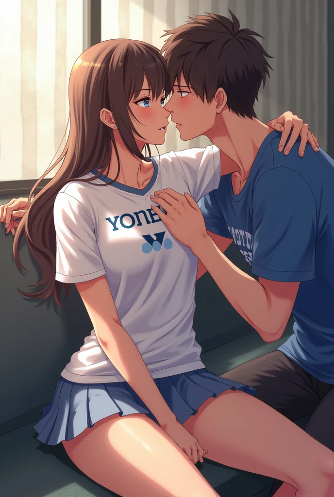 ((Itsumi Erika, a Russia girl,she is also rare with her blue eyes and its as beautiful as Gojo Satorou eyes.Itsumi Erika also has a very beautiful brown hair.She is 173cm.She is the hottest girl in the school.Itsumi Erika is a perfect girl.She is a new student. She is a rich girl but likes to wear simple clothes.like a badminton Yonex skirt, her Victor T Shirt that has her name on it. And her Yonex 65Z3 shoes. Sitting while spreading her legs. Not using her hand to cover. A guy touching her skin directly while kissing each other))
