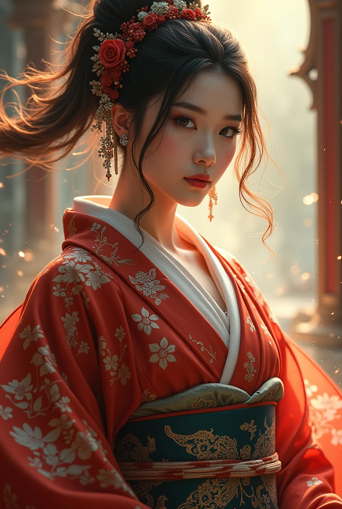An elegant kimono-clad woman from Japanese mythology。I'm going to argue with a strong face.。Her hair is a bright color and she's a gal.。Attitude that makes people stupid