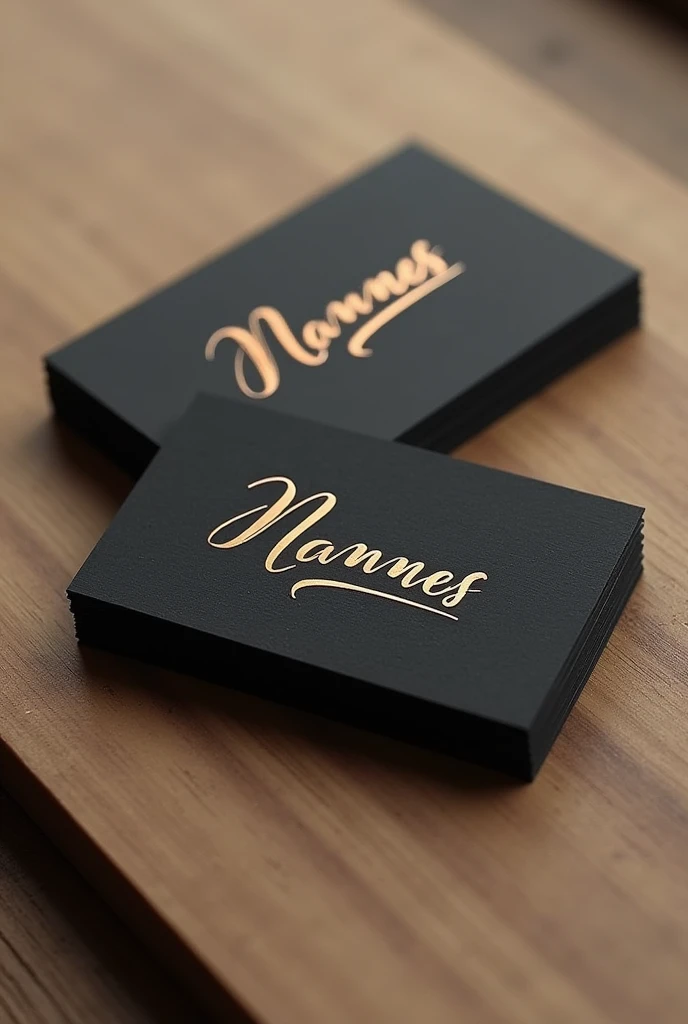 effective business card with dark beige background and bronze metallic writings with handwriting logo