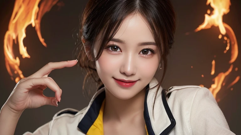 whole body, Highest quality, shape, Very detailed, In detail, High resolution, 8k wallpaper, Perfect dynamic composition, Beautiful details, Firefighter,Medium Hair, Center of chest, Natural color lip, Random sexy poses,smile,Fire suit,Sea of Fire,,Perfect body、(((1 female)))、(((Beautiful and accurate five fingers)))
