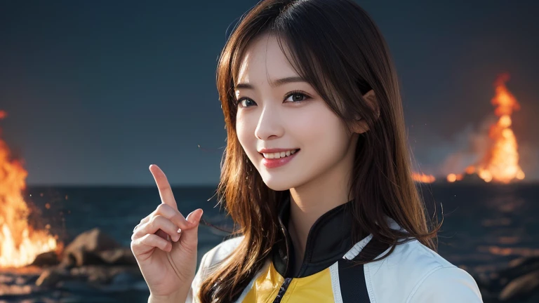whole body, Highest quality, shape, Very detailed, In detail, High resolution, 8k wallpaper, Perfect dynamic composition, Beautiful details, Firefighter,Medium Hair, Center of chest, Natural color lip, Random sexy poses,smile,Fire suit，Sea of Fire，,Perfect body、(((1 female)))、(((Beautiful and accurate five fingers)))