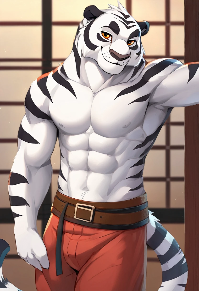 Kung Fu Panda cartoon, furry White Tiger, tall, fur white with black stripes, amber eyes, slender, handsome, extremely beautiful face, muscular body, six pack abs, gentle look, shirtless, wears red pants, brown belt, smile
