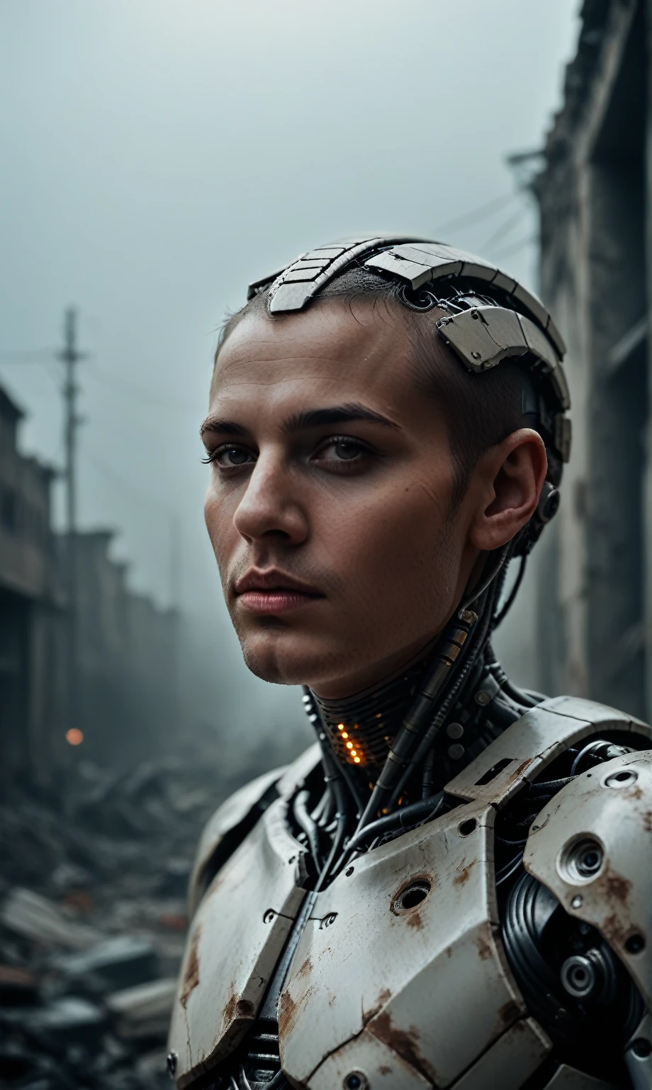 score_9, score_8_up, score_7_up, score_6_up, score_5_up, score_4_up, realistic style, photo, photorealistic, high detail, (sharp), BRAKE, portrait, scary man, (cyborg), ((mechanical head, mechanical face implants)), mechanical body, mechanical arms, mechanical legs, BRAKE, stands on the rubble of a destroyed city, looks at the viewer, (post-apocalyptic landscape), dark atmosphere, dark lighting, low light, cinematic, photo from a movie, g