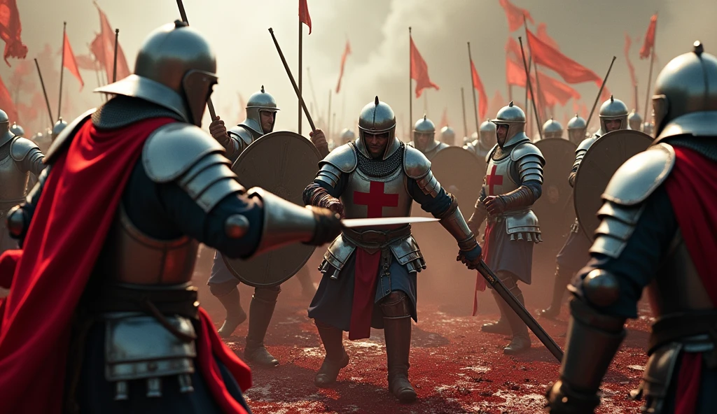 A highly realistic, high-contrast, 8K HD, detailed, hyper-detailed battle scene where the soldiers from the provided image, wearing steel helmets and armor with red crosses on their tunics, are engaged in brutal combat. Blood flows as these warriors fight their enemies fiercely, clashing swords and shields. The ground is stained with blood, and the atmosphere is intense, filled with the chaos of medieval warfare. The lighting is dramatic, highlighting the detailed armor and the raw emotions of the battlefield. The image is of the highest quality, with ultra-high resolution, RAW photo quality, and Unreal Engine rendering, creating a powerful and immersive depiction of the deadly conflict.