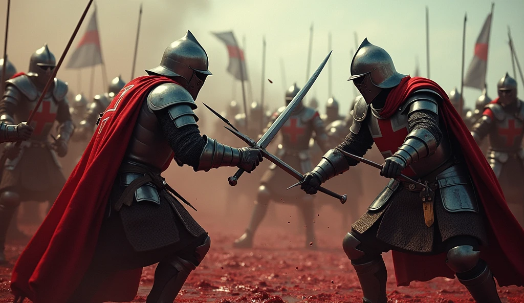 A highly realistic, high-contrast, 8K HD, detailed, hyper-detailed battle scene where the soldiers from the provided image, wearing steel helmets and armor with red crosses on their tunics, are engaged in brutal combat. Blood flows as these warriors fight their enemies fiercely, clashing swords and shields. The ground is stained with blood, and the atmosphere is intense, filled with the chaos of medieval warfare. The lighting is dramatic, highlighting the detailed armor and the raw emotions of the battlefield. The image is of the highest quality, with ultra-high resolution, RAW photo quality, and Unreal Engine rendering, creating a powerful and immersive depiction of the deadly conflict.