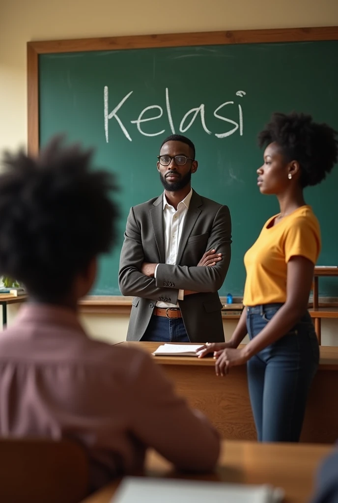 Un professeur noir, un garçon noir et une maman noir dans un école devant un tableau avec mention Kelasi.