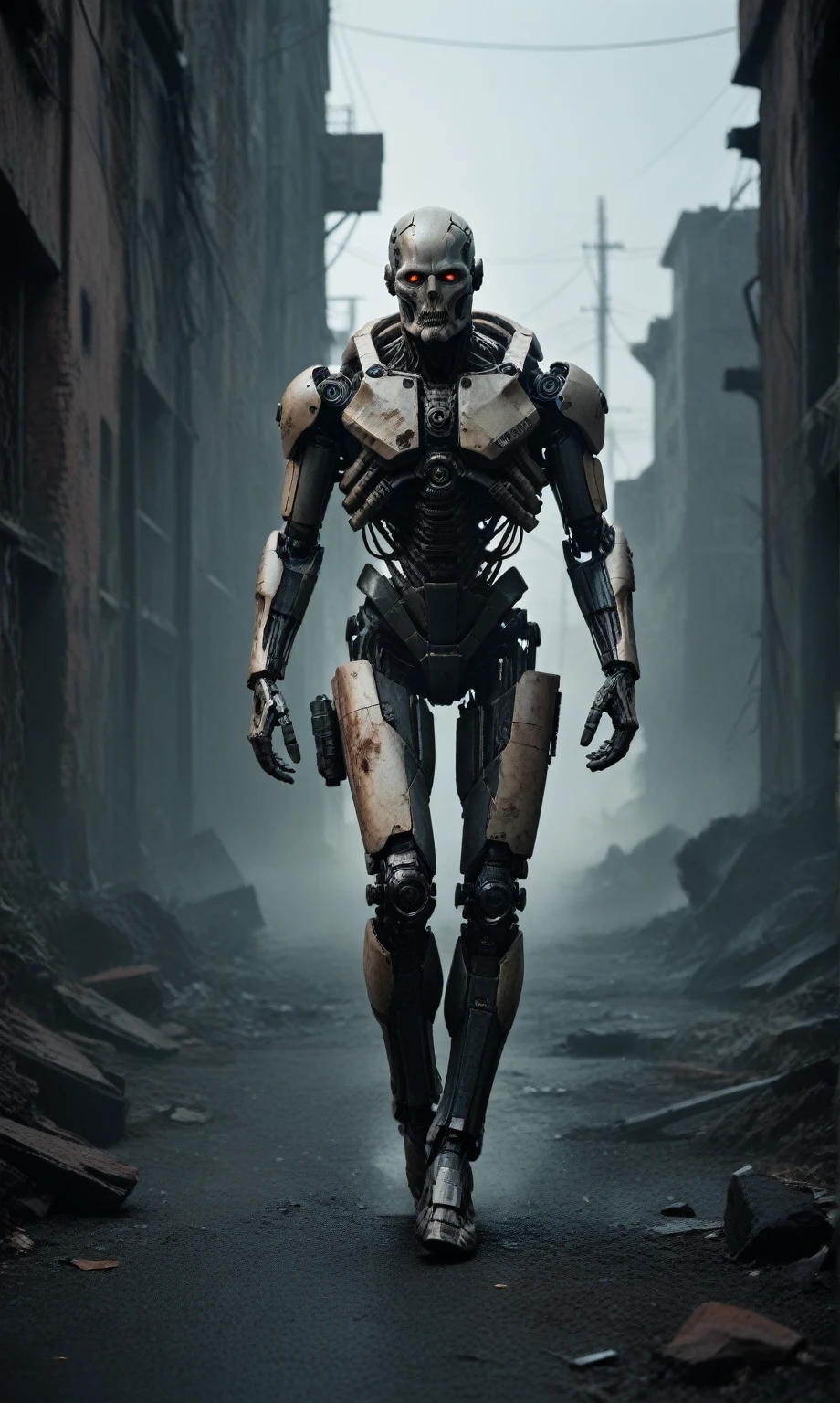 score_9, score_8_up, score_7_up, score_6_up, score_5_up, score_4_up, realistic style, photo, photorealistic, high detail, (sharp), BRAKE, portrait, scary man, (cyborg), mechanical head, mechanical body, mechanical arms, mechanical legs, BRAKE, stands on the ruins of a destroyed city, (post-apocalyptic landscape), dark atmosphere, dark lighting, low light, cinematic, photo from a movie, g