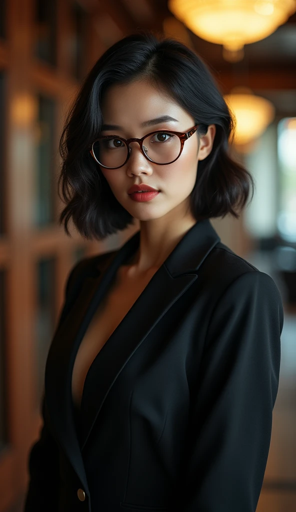 (Highest quality、Highest quality、8k resolution、masterpiece、Professional photography、Award-winning works)、(mature beautiful japanese woman:1.1)、(The most romantic office night ever 1.1)、(Strongly blurred background:1.1)、The most romantic and moody atmosphere、(The perfect business suit:1.2)、(Cleavage:1.3)、(Voluptuous body:1.3)、Standing Elegantly、Voluptuous body、(Very short wavy hair:1.1)、(Classy glasses:1.2)、A seductive look staring at me、(Large Breasts:1.3)、Perfect Makeup、Beautiful lipstick、Elegant eyeshadow、Long eyelashes、Ultra-high resolution glossy skin、(Accurate anatomy:1.1)、(Closed lips:1.2)、(Face close-up:1.2)