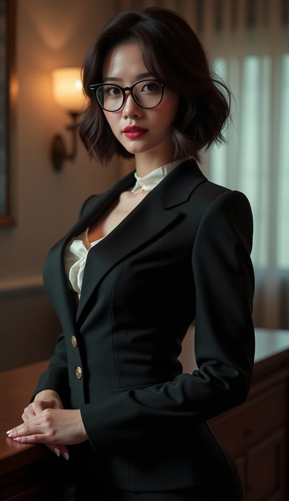 (Highest quality、Highest quality、8k resolution、masterpiece、Professional photography、Award-winning works)、(Beautiful Japanese office lady:1.1)、(The most romantic night in a love hotel:1.1)、(Strongly blurred background:1.1)、The most romantic and moody atmosphere、(The perfect dark navy business suit:1.2.、Half-undressed:1.3)、(Cleavage:1.3)、(Voluptuous body:1.3)、Standing Elegantly、Voluptuous body、(Very short bob hair:1.1)、(Classy glasses:1.2)、A seductive gaze stares at me、(Large Breasts:1.3)、Perfect Makeup、Beautiful lipstick、Elegant eyeshadow、Long eyelashes、Ultra-high resolution glossy skin、(Accurate anatomy:1.1)、(Closed lips:1.3)、(Face close-up:1.2)