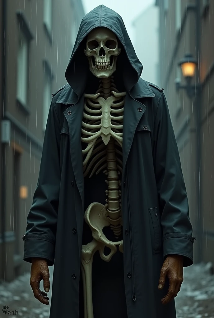 Fantasy skeleton in a raincoat with a hood on, dark brown gloves on his hands